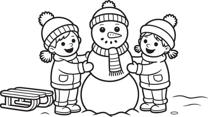 Delightful Winter Scene Children Building Snowman with Sled on Snowy Day Outline Illustration