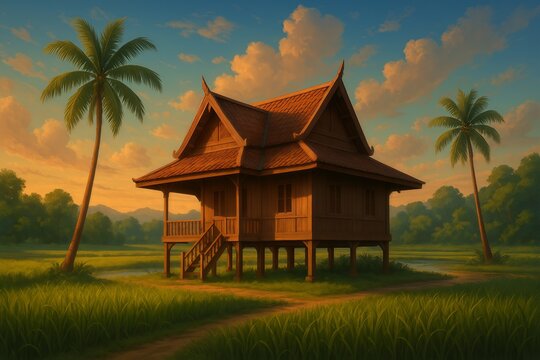 Malay traditional house, Kampung house, Wooden stilt house, Rural architecture, Southeast Asia heritage, Malaysian culture, Tropical countryside, Wooden house design, Elevated house, Traditional woode