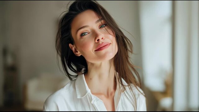 portrait of elegant 35 years old woman in white shirt 
