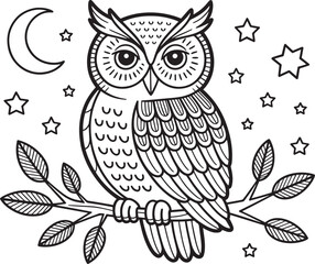 Detailed Owl on Branch with Moon and Stars Outline Illustration for Coloring and Design Projects