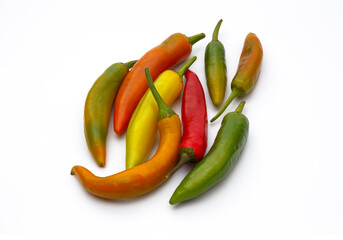 Colorful mixed peppers (Capsicum annuum) isolated on white background