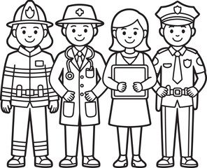 Diverse Community Helpers Professions Firefighter Doctor Teacher Police Officer Outline Art