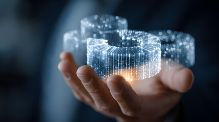 Hand holds digital hologram of futuristic pie charts, symbolizing data analysis and technology innovation. glowing charts convey sense of advanced business intelligence