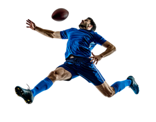  Male Footballer Mid-Air, Heading Action, Above the Ground, Isolated on White Background.