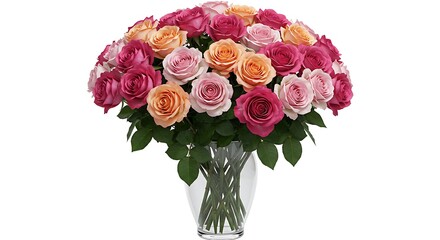 Obraz premium Elegant Rose Bouquet in Glass Vase: Pink, Peach, and Red Roses on White Background