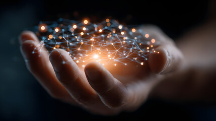 Hand holds glowing holographic network, symbolizing blockchain technology and digital connectivity. intricate web of nodes and connections represents distributed ledger system
