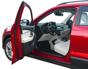 Modern Red Vehicle, Door Ajar, Interior View, Isolated on Transparent Background.