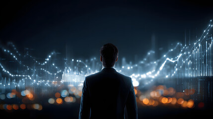 Businessman stands in front of digital interface displaying holographic workforce data visualization, with glowing graphs and charts in dark setting