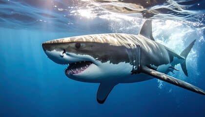 Fototapeta premium Great white shark swimming underwater with sunlight reflecting on the surface