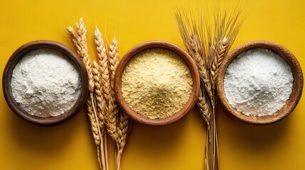 Premium photo of showing different types of flour in bowls along with wheat stalks, this image captures the natural ingredients essential for baking, set against a bright.