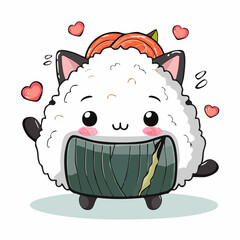 Cute Kawaii Onigiri Cat Vector Illustration with Smiling Faces and Seaweed Wraps
