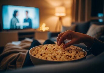 Hand reaching into popcorn bowl watching tv cozy night at home entertainment