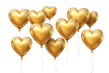 Golden heart balloons isolated on a transparent background