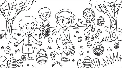 Joyful Children's Outing Awaits Coloring Fun with Easter Eggs and Baskets in a Sunny Landscape