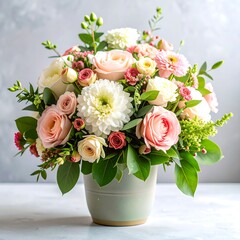 Delicate bouquet of pastel roses, mums, and other flowers in a light gray pot