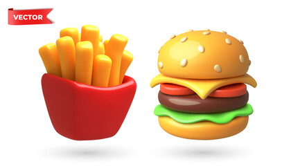 Delicious 3D vector Cartoon Burger and Fries