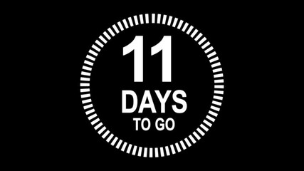 11 days to go, 11 days count animation, motion graphics running numbers counting days, 11 days in a month, 11 days left, 4K HD video with black and cyan background alpha channel.