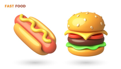 Delicious 3D Cartoon vector Fast Food Hot Dog and Cheeseburger