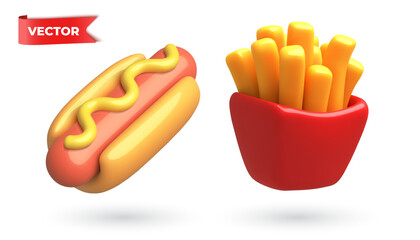 3D cartoon vector Hot Dog and French Fries