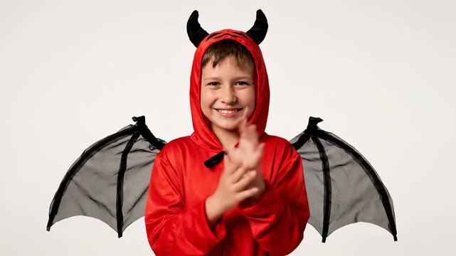 Boy dressed as a devil in studio on white backdrop. A fun portrait of playful Halloween spirit. Costume party, childhood fun, festive season.