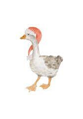 Hand painted watercolor illustration of goose with Christmas hat. Festive farm-style character, perfect for holiday greeting cards, farmhouse Christmas decor, New Year isolated element
