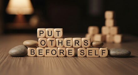 Inspirational message portrayed through wooden blocks expressing altruistic value and sacrifice