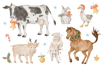 Watercolor Christmas farm animals set with festive cow, horse, sheep, pig, rabbit and goose, rustic holiday clipart with decorations on transparent background