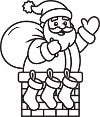 Santa Claus Chimney Sack Stockings Outline Vector Illustration Black and White