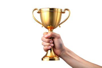 Golden trophy held by hand isolated on a transparent background