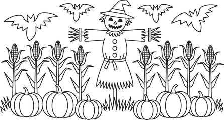 Scarecrow in Cornfield with Pumpkins and Bats Outline Illustration for Fall Decoration