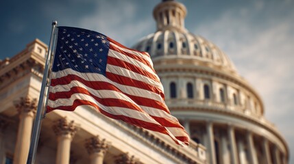 American flag waving in front of the United States Capitol building during a clear day with a blue sky