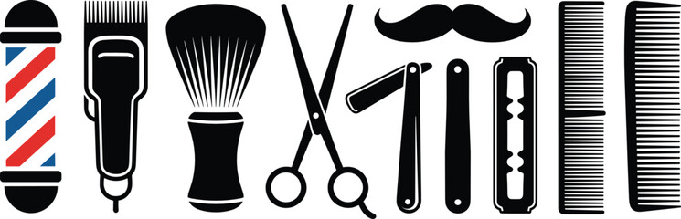 Black Silhouette Icons of Barber Shop Tools and Accessories on White Background scissors comb
