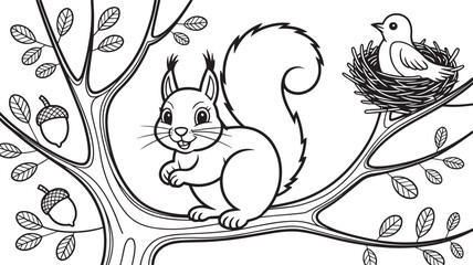 Fototapeta premium Squirrel on Tree Vector Illustration with Acorns and Bird Nest Outline in Woods