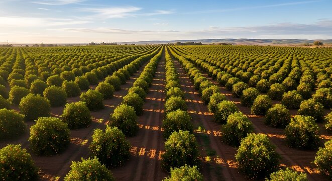 Expansive aerial view of perfectly aligned rows of ripe orange trees in a vast citrus orchard during golden hour sunset agriculture concept - Powered by Adobe