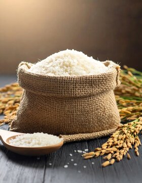 A burlap sack filled with white rice, beside a wooden spoon with rice grains and paddy stalks