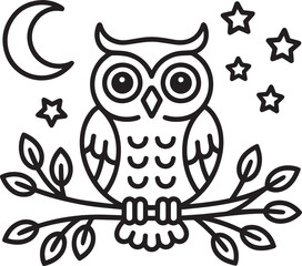 Whimsical Owl on Branch with Moon and Stars Outline Illustration for Children's Designs