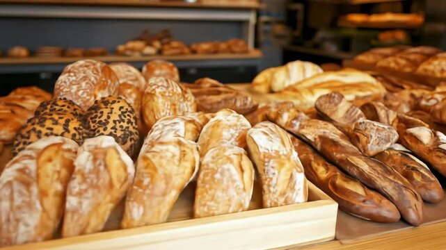 Freshly baked bread variety at a bakery on display for sale