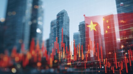 Urban skyline with financial chart and China's flag representing economic trends in city life