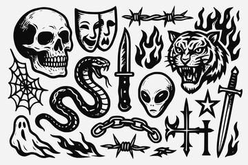 Black and white gothic urban sticker pack with skulls, snakes, knives, chains, spiderwebs, and tattoo flash doodles