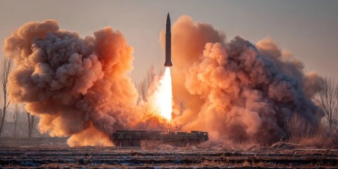 Rocket launch from ground in a dramatic display of power and technology during early morning light