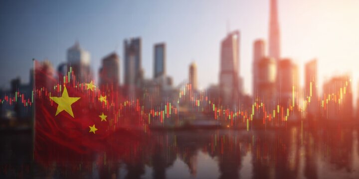 Stock market trends superimposed over Shanghai skyline during sunset with Chinese flag in focus - Powered by Adobe