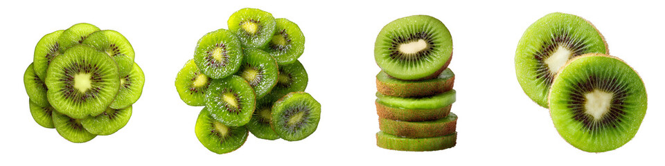 Slices of kiwi fruit stacked cut and arranged on transparent background