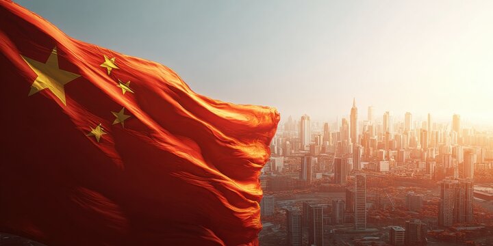 Impressive view of the Chinese flag waving against a vibrant skyline during sunset - Powered by Adobe
