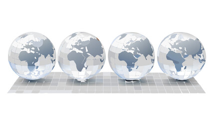 Four crystal globes world map geography earth global continents countries travel journey exploration 3d render