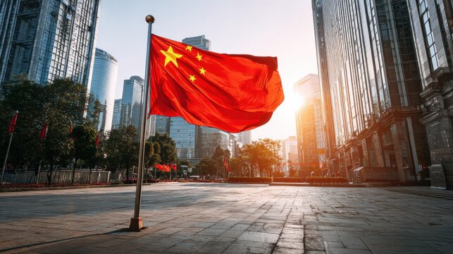 China's flag waving in the urban skyline during sunset amid modern skyscrapers and city life - Powered by Adobe