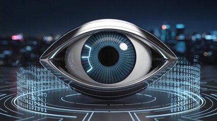 Futuristic cybernetic eye with holographic code – Perfect for AI, cybersecurity, or data-driven design projects