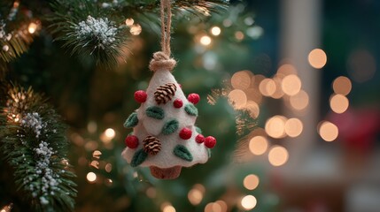 Festive felt christmas tree ornament with pine cones on decorated holiday tree