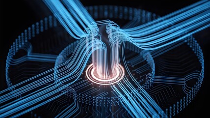 Circuit lines converging into glowing digital core – Great for AI networking, blockchain, or digital integration projects