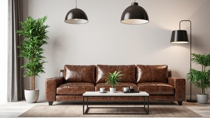 Modern living room interior with brown leather sofa, lamp, coffee table, and potted plant on transparent background- 3D rendering