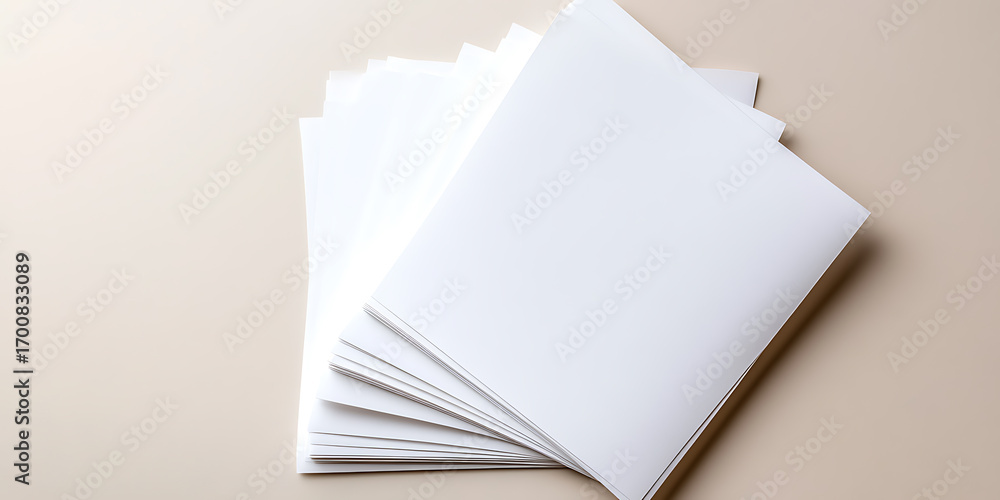 Poster stack of white paper sheets arranged neatly on a light tan surface. copy paper or letterhead. ready 